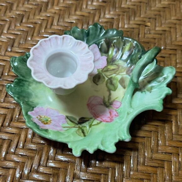 Vintage Hand Painted Porcelain Floral Leaf-Shaped Chamberstick Candle Holder - Picture 1 of 7